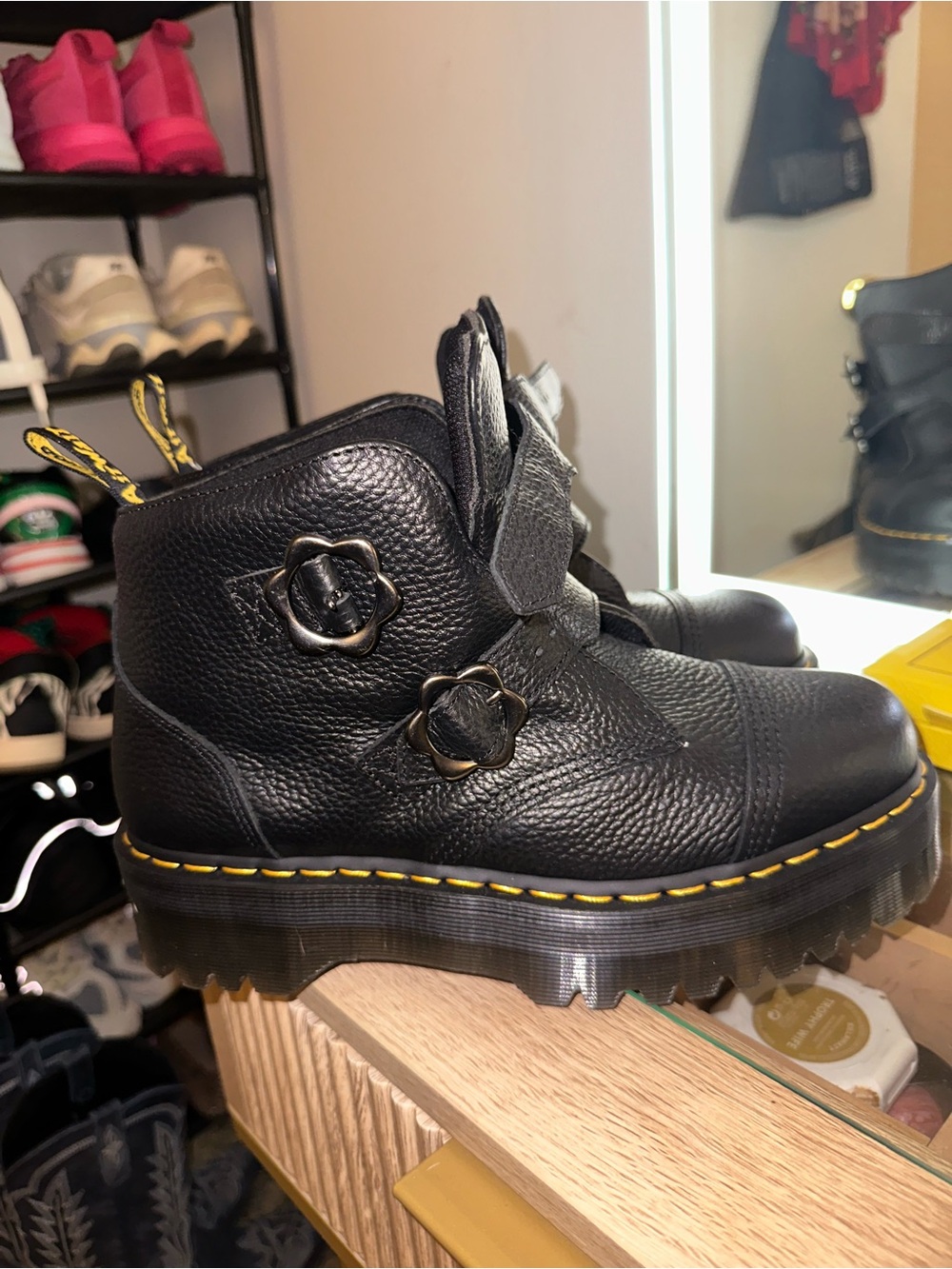 Dr Marten Black Leather Platform Boots with Yellow Stitching